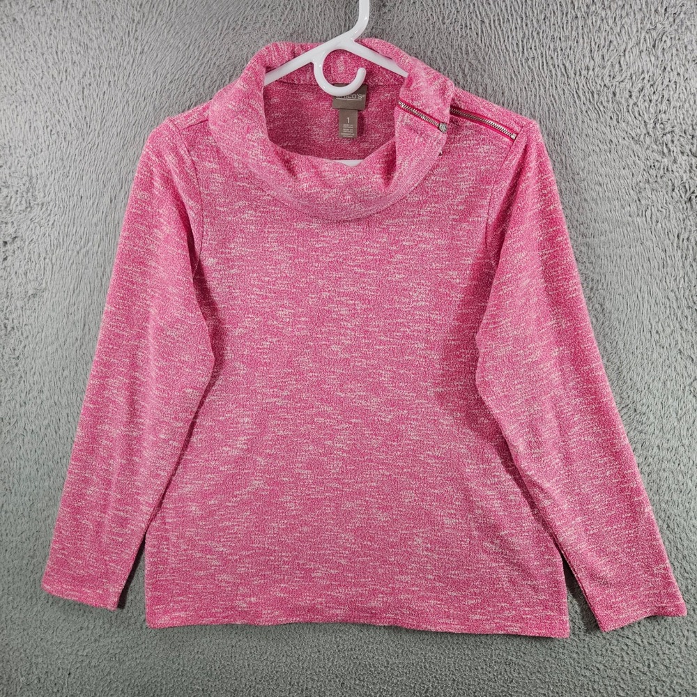 Chico's Pink Marled Knit Cowl Neck Zipper Shoulder Long Sleeve Top Womens Size 1